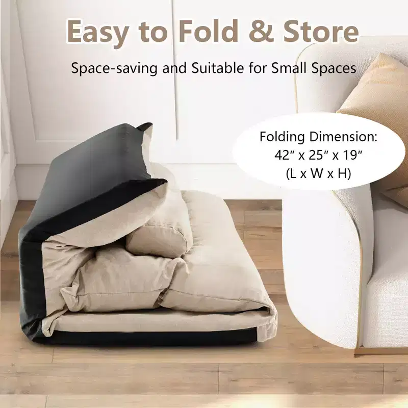 Convertible Lazy Sofa Bed with 42-Level Adjustable Backrest & 2 Lumbar Pillows Gray/Beige