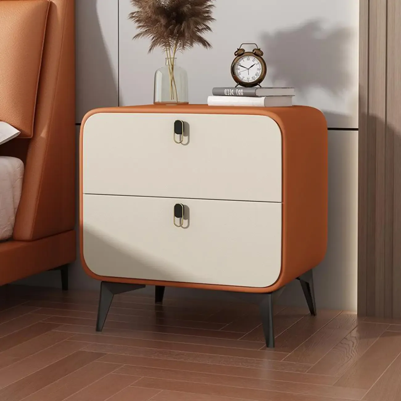 Scandinavian Leather 2 Drawers Wood Nightstand