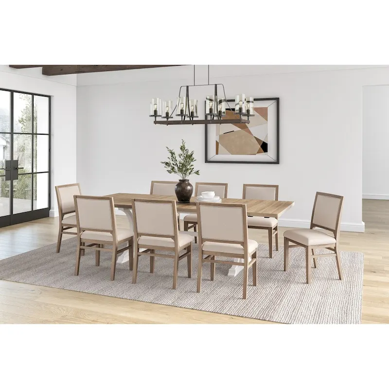 Modern Wood Rectangular Trestle Base Kitchen Dining Table and Eight Chairs, Brown