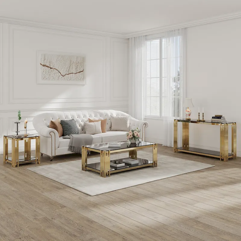 Narrow 2-tier Console Table with Gold Finished Metal Frame and Tempered Glass Top