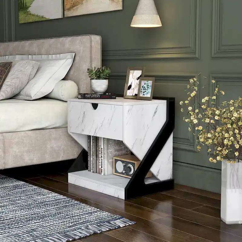 DH BASIC Modern White Faux Marble 1-Drawer Nightstand Side Table by Denhour
