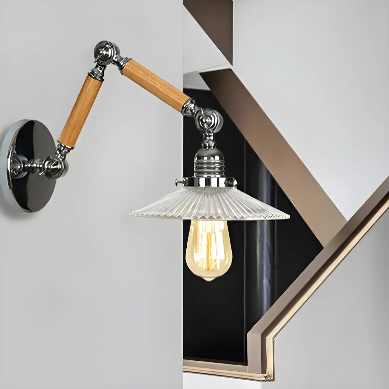 Industrial Glossy Swing Arm Wall Light with Wavy Glass Shade