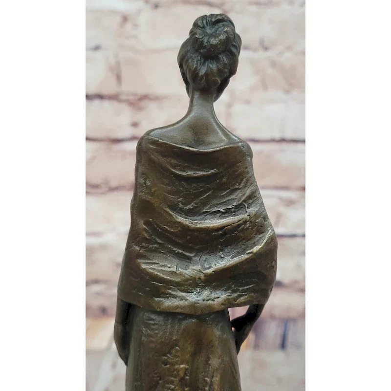 Elegant Bronze Lady Sculpture  Clic Figurine In Flowing Gown On Marble Base