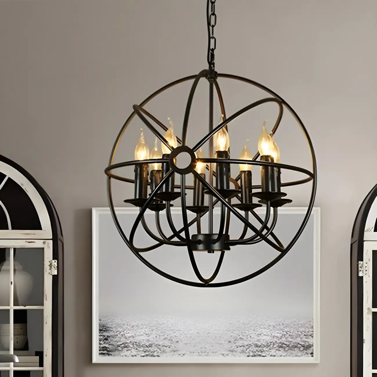 Industrial Black Metal Globe Caged Candelabra Chandelier