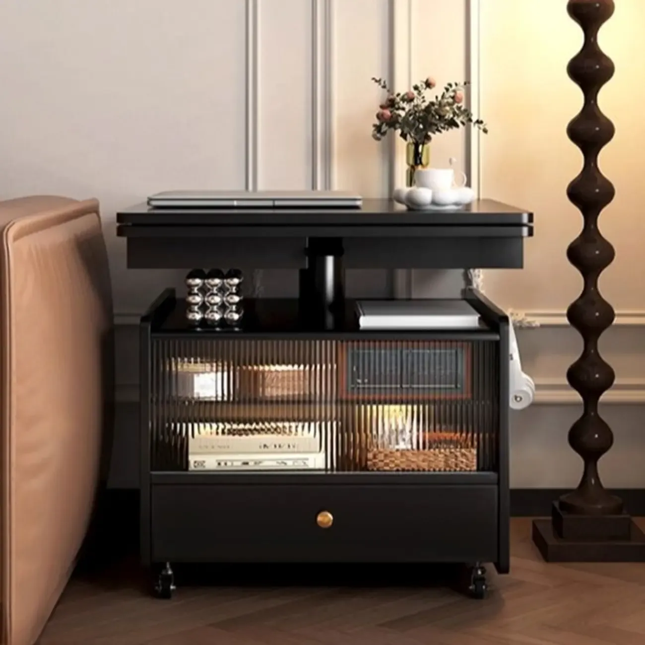 Adjustable Modern Nut-brown Wood Rolling Coffee Table