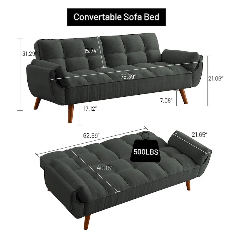 75.39 IN. Futon Sofa Bed, Convertible Upholstered Couch Sleeper with Reclining Sleeper Split Tufted Back