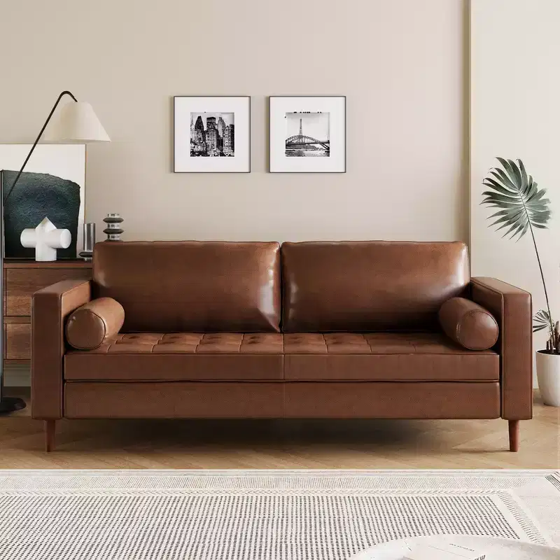 Whisen PU Leather 3-Seat Sofa, Mid-Century Modern Sofa Couch with Tufted Design, Solid Wood Legs, 2 Bolster Pillows