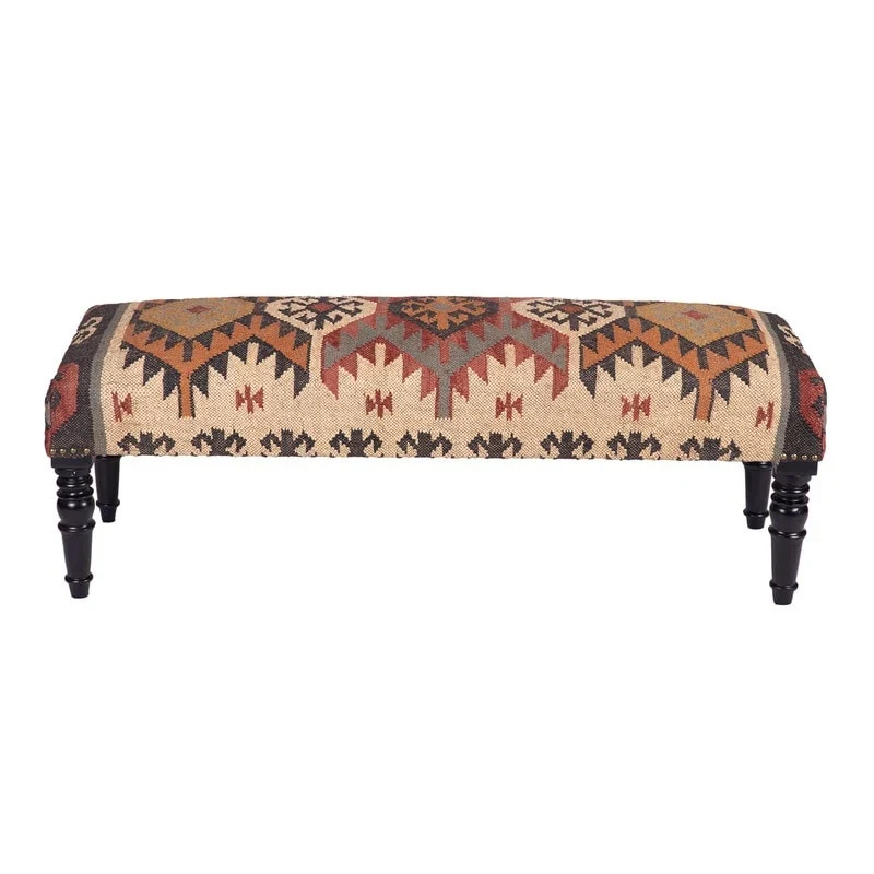 Handmade Kilim Upholstered Wooden Bench (India) - 48 L x 16 W x 18 H