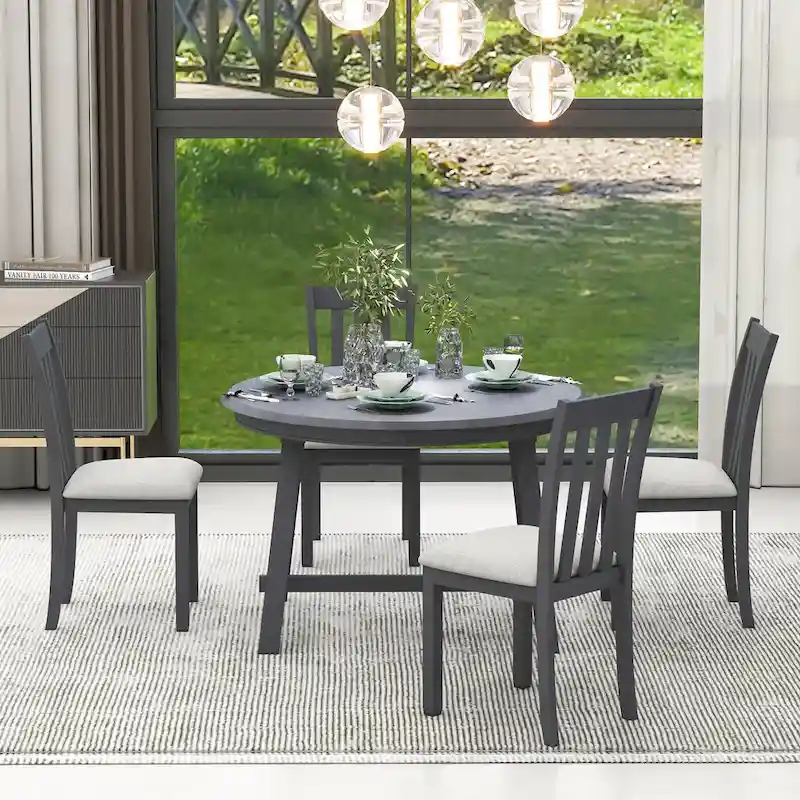 5-Piece Wooden Dining Table Set with Round Extendable Table & 4 Chairs