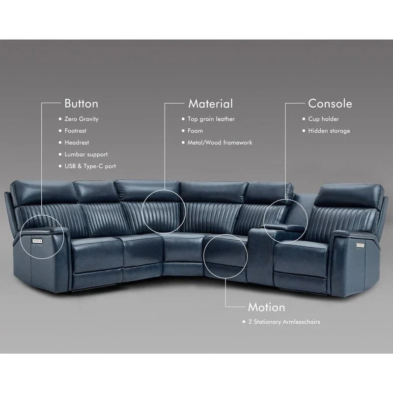 105 W Genuine Leather Power Sectional with Recliner Sofa Set with Triple Power, Single Console, USB&USB-C Ports