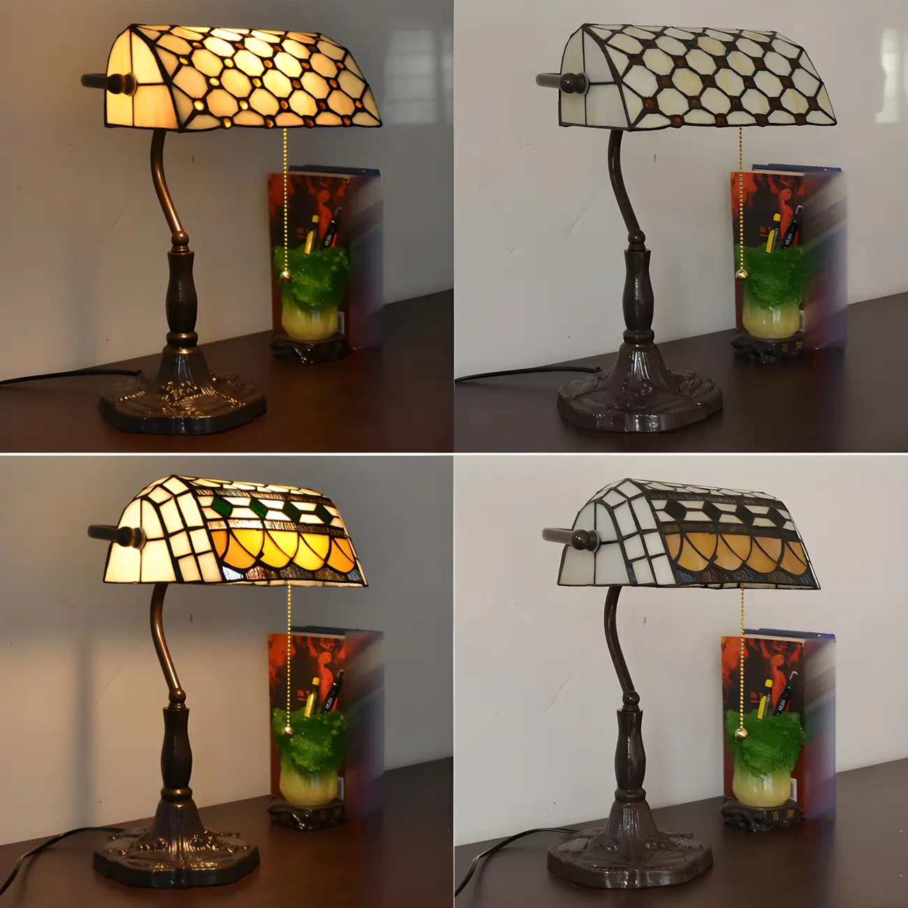HomeyFad Retro Stained Glass LED Banker Table Lamp in Pull Chain