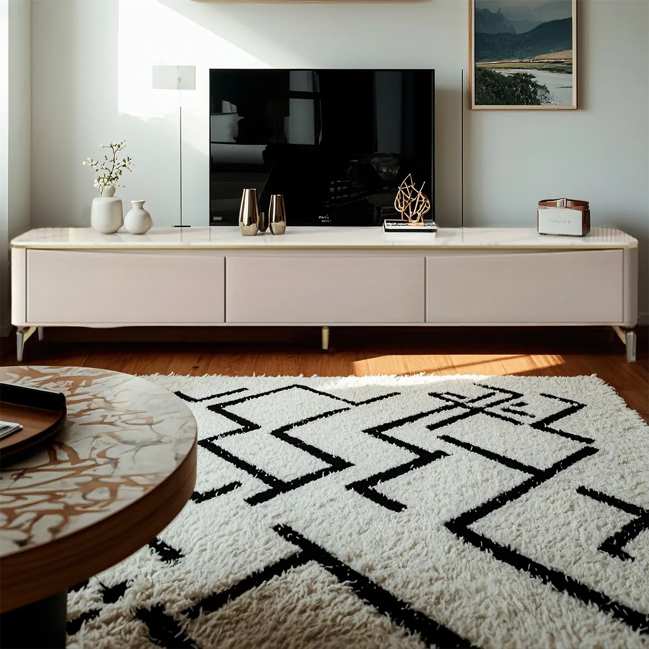 71 Modern White Stone Top TV Stand with Cable Management