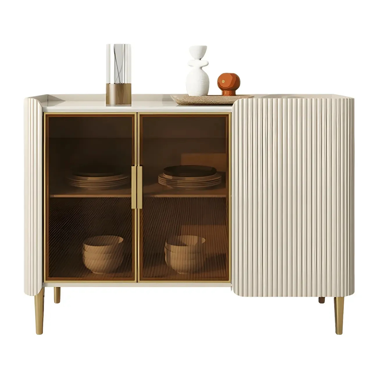 Glam Off-White Stone Countertop Sideboard with Shelves