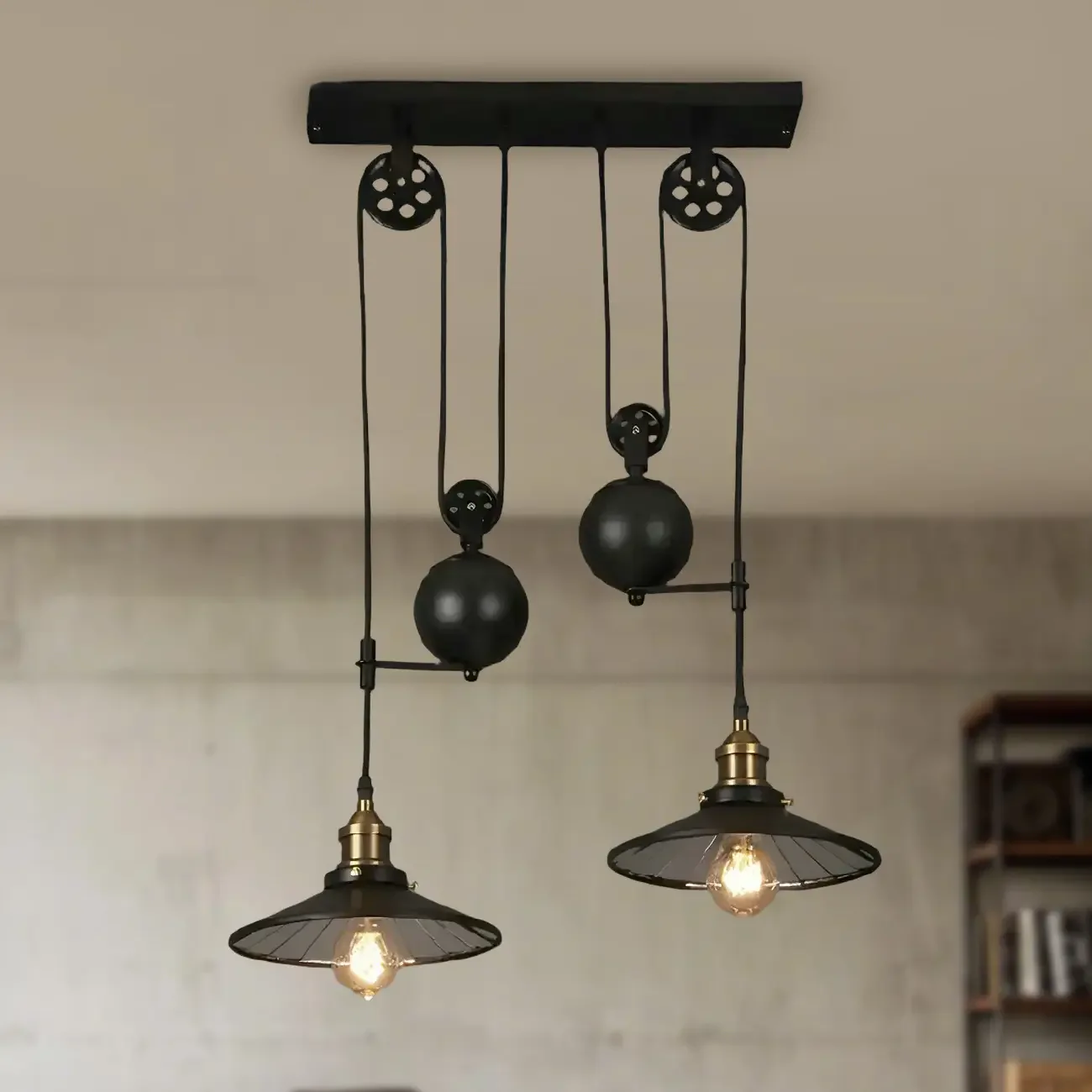 Industrial Black Metal Pulley Pendant Light for Kitchen
