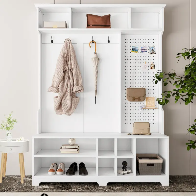 Hall Tree with Shoe Bench, Coat Rack, Shelves and Pegboard