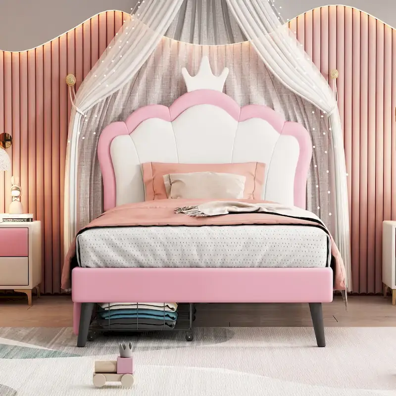 Upholstered Princess Bed with Crown Headboard & Drawers