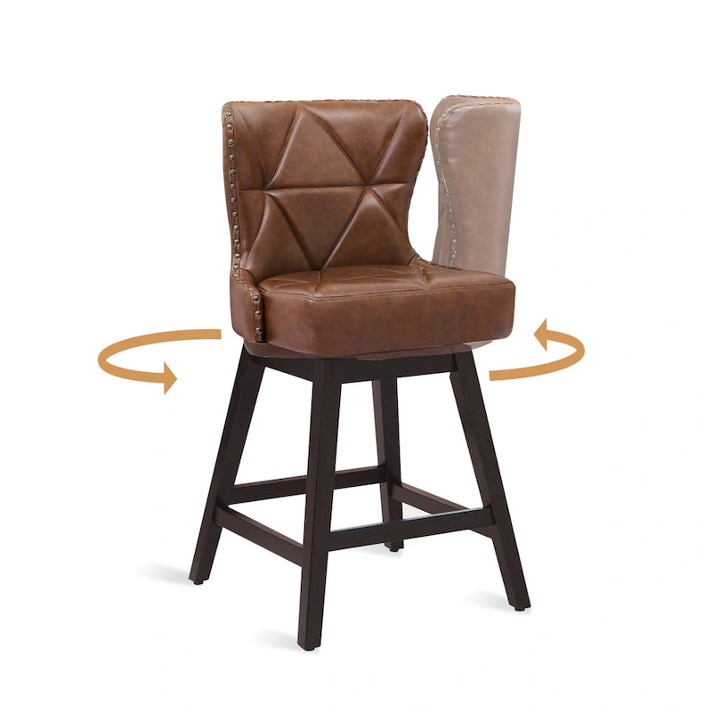 LUE BONA 26 in. Mid-Century Modern Wood Frame Swivel Bar Stools with Faux Leather and Linen Upholstered SeatSet of 4