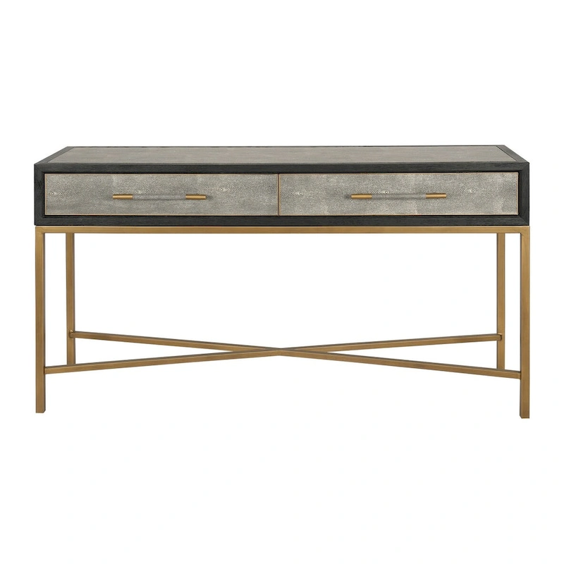 Macari Miki Art Deco Solid Wood AndVegan Leather Shagreen With Brass Accents Console Table - 59W x 16D x 32.3H