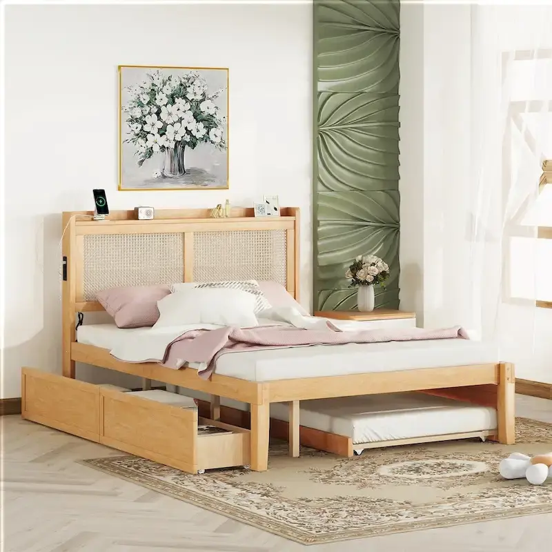 Elegant Bed Frame with Rattan Headboard and Sockets