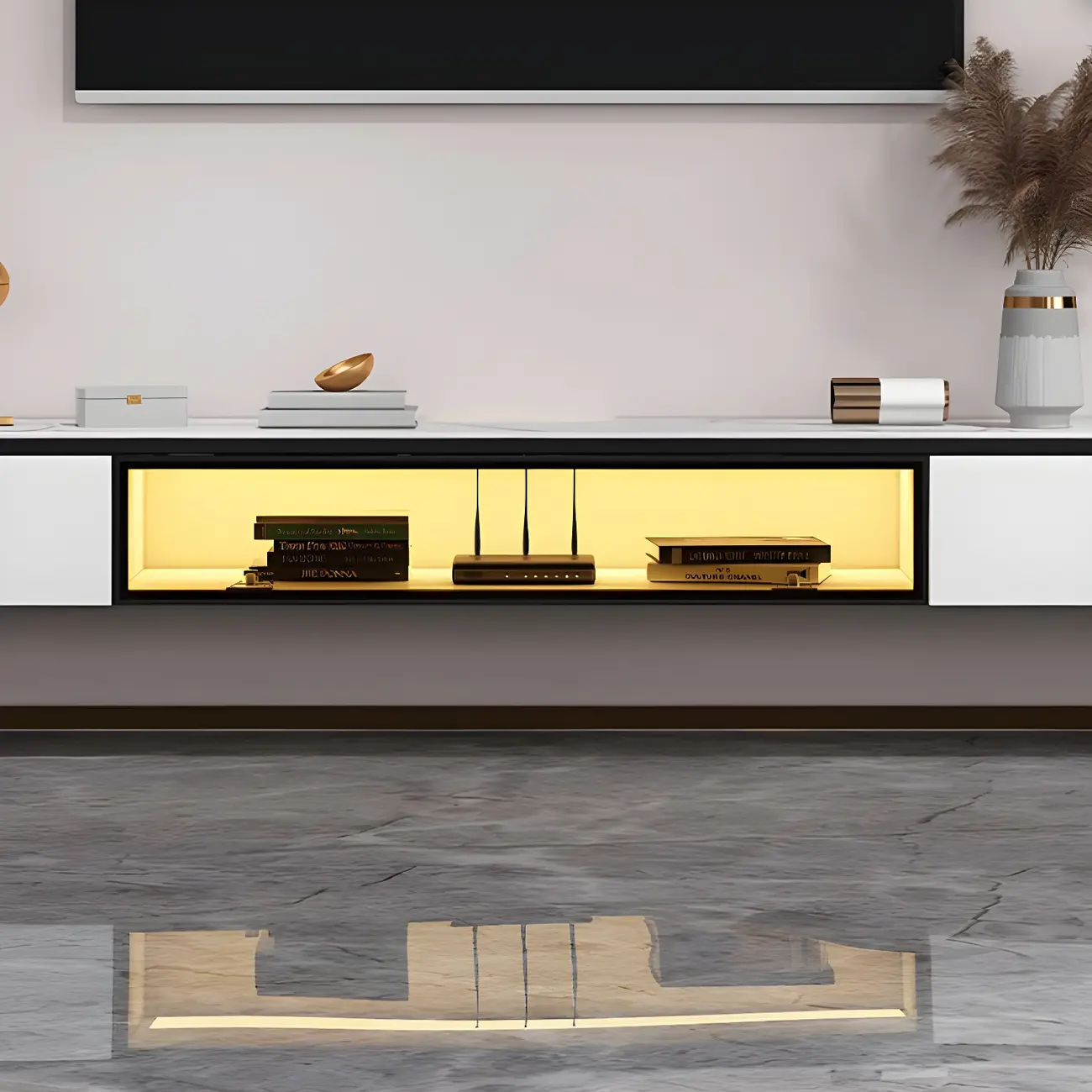 63 White Stone Top Floating TV Stand with LED Lights