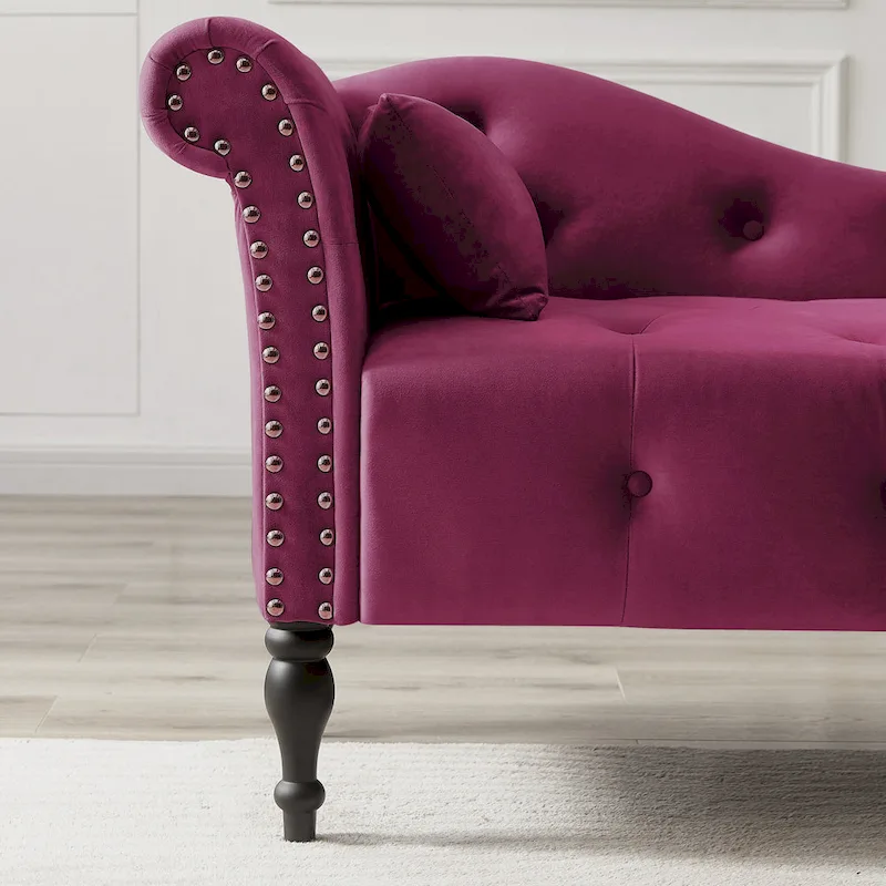 Modern 60.6  Velvet Upholstered Buttons Tufted Chaise Lounge Chair with Solid Wood Legs and Nailheads