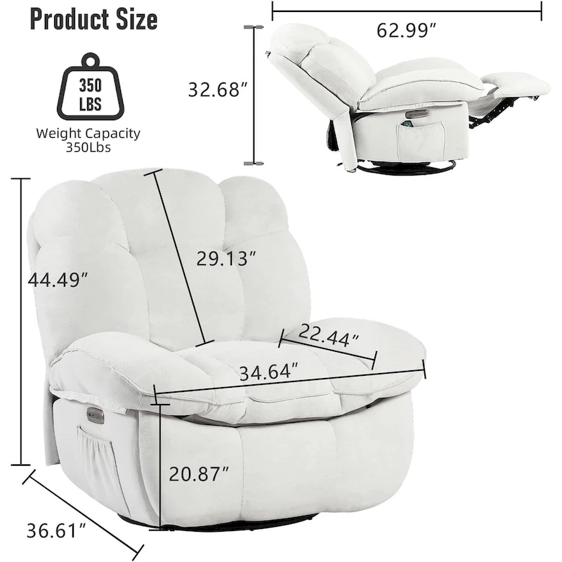XINMICS Swivel Power Recliner Chair, Massage Rocker Recliners with Heated ,USB, USB-C and Side Pocket