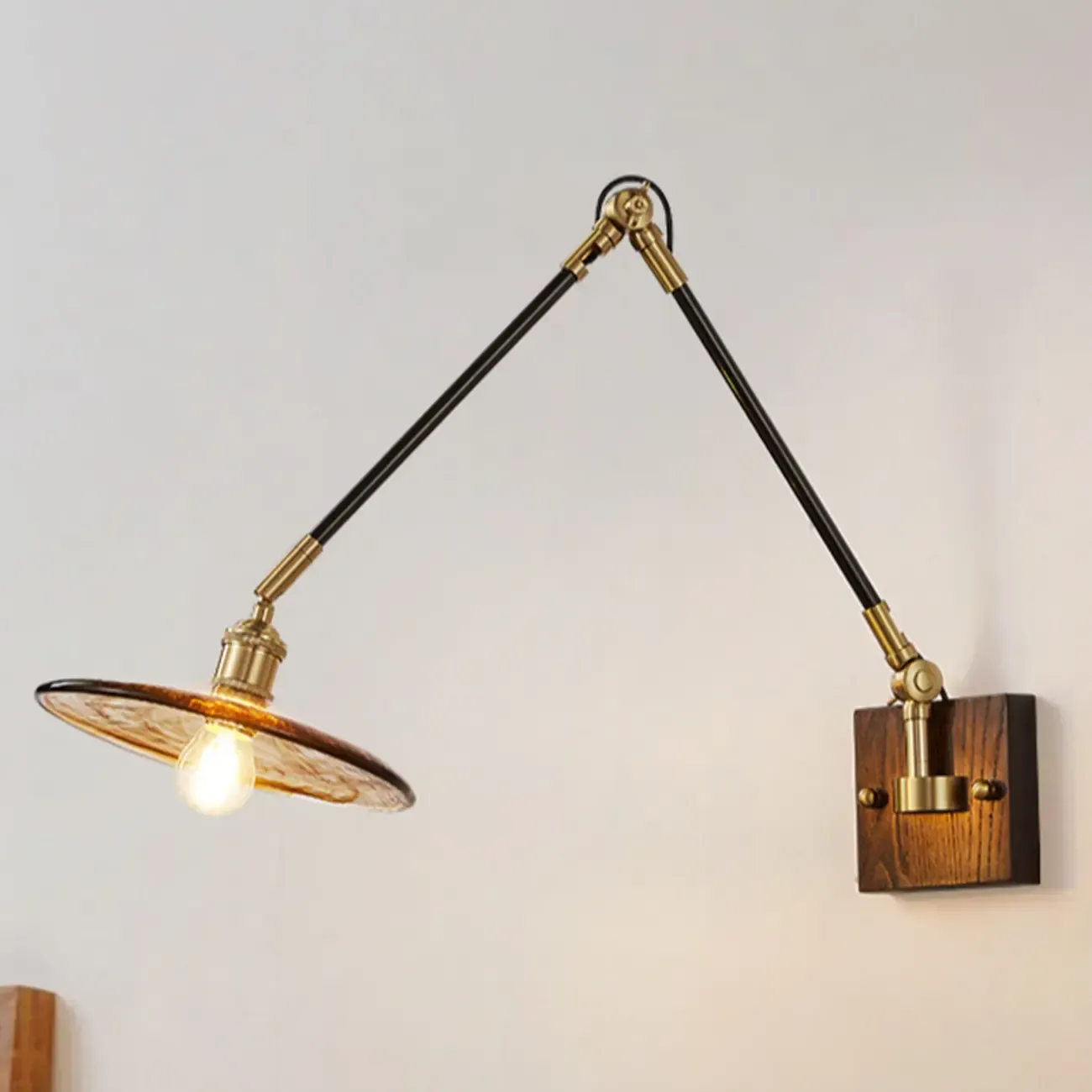 Industrial Amber Swing Arm LED Wall Sconce with Glass Shade
