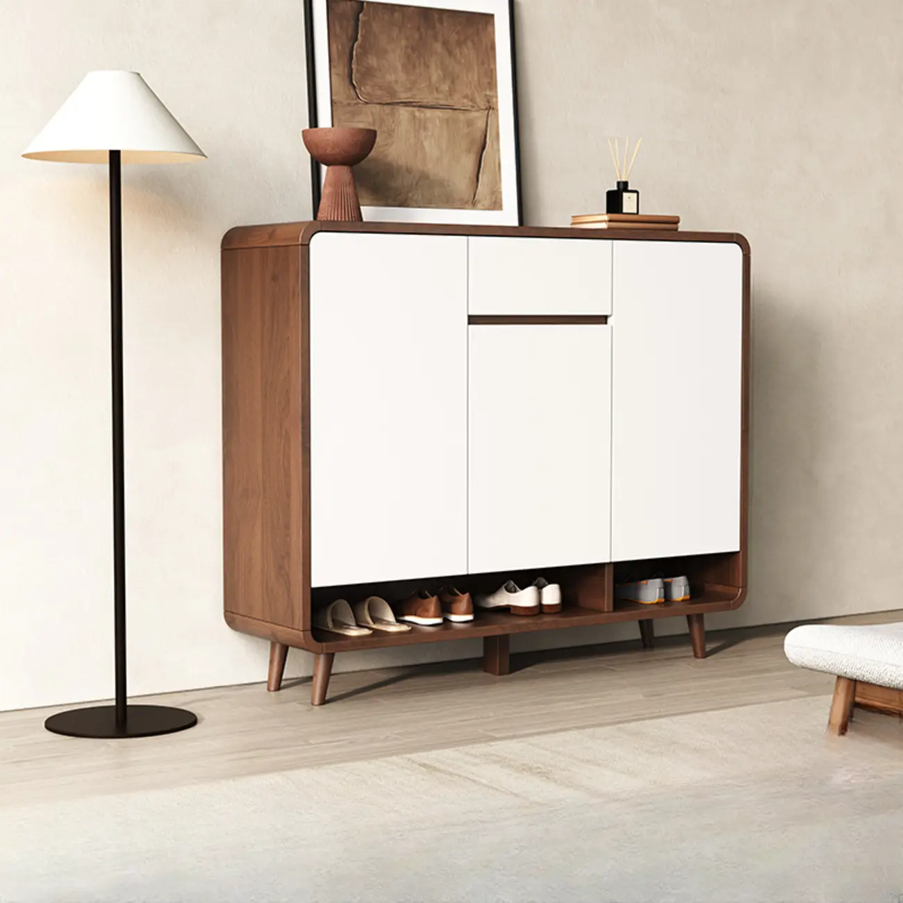 Modern Manufactured White Wood Shoe Cabinet