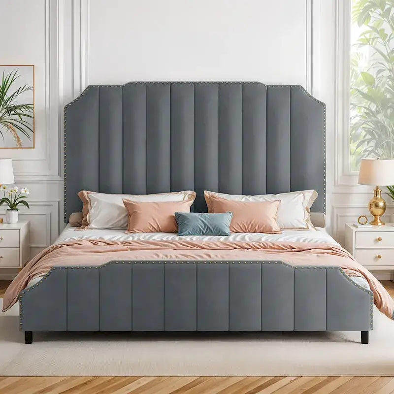 Grey Upholstered Bed Frame Velvet Platform Bedframe Mattress Foundation