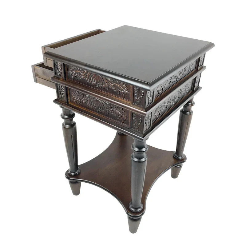 2 Drawer End Table with Intricate Carvings and Open Bottom Shelf, Brown