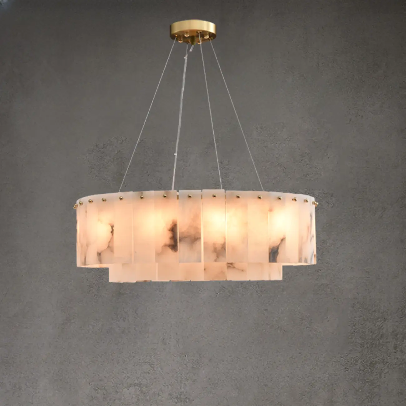 2-Tiers White Metal Circle Alabaster Drum Chandelier