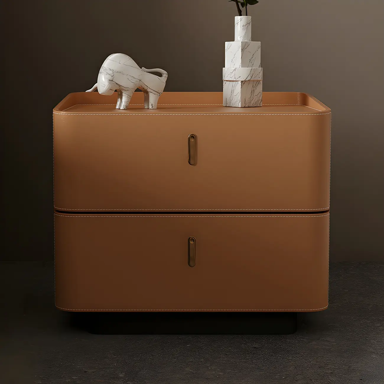 Modern Black Faux Leather Top Wood 2-Drawer Nightstand