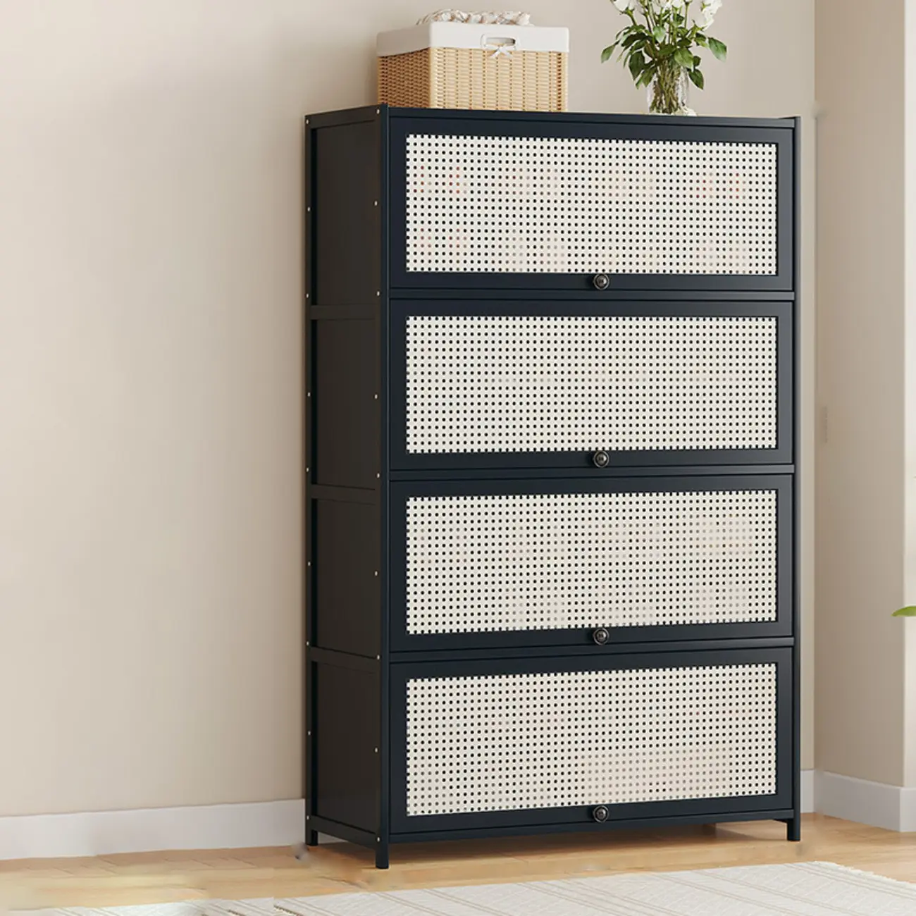 Modern Black Bamboo Shoe Cabinet with Rattan Panels