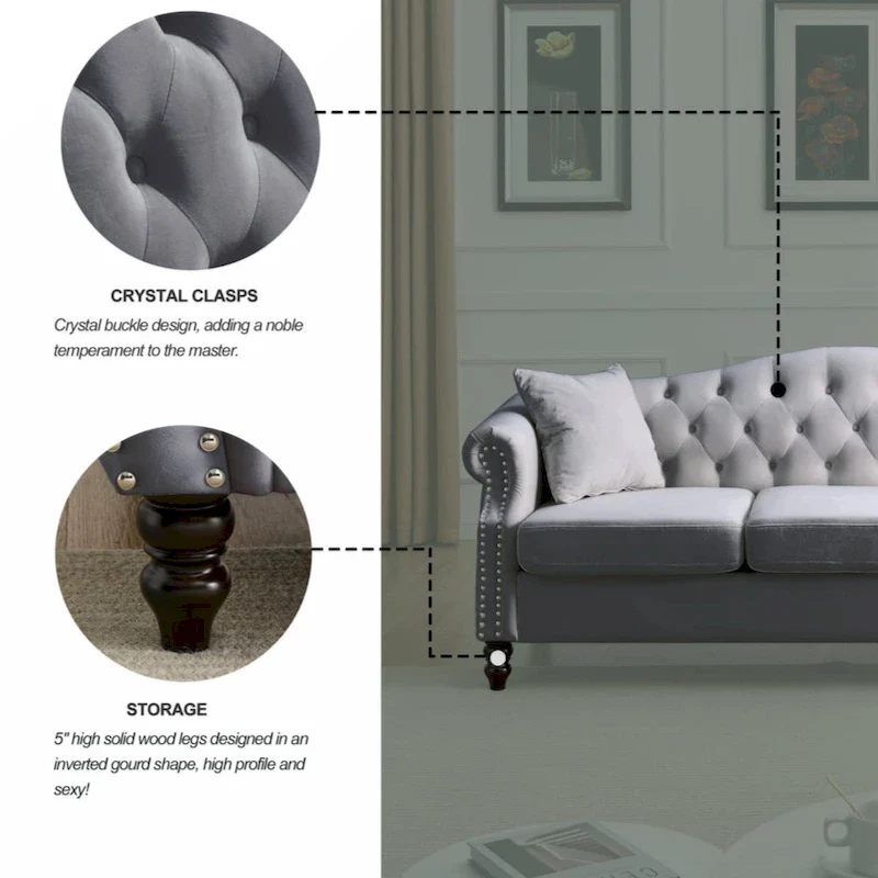 79 Chesterfield Sofa Grey Velvet for Living Room, 3 Seater Sofa Tufted Couch with Rolled Arms and Nailhead