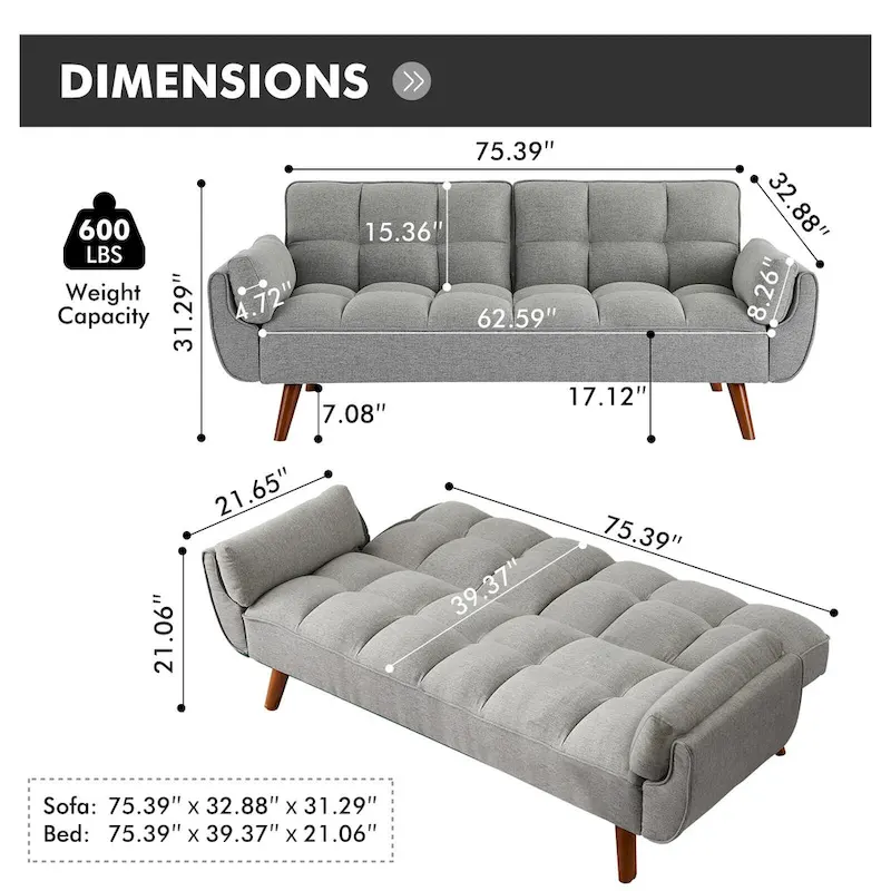 Futon Sofa Bed, Convertible Folding Futon Couch Recliner Lounge For Living Room With 2 Pillow/Armrest