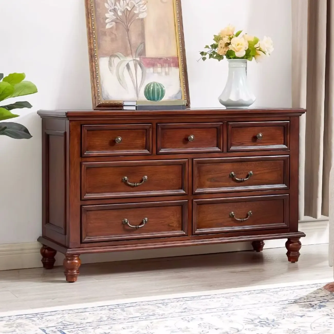 Traditional Brown Wooden Dresser with 5-Drawers for Bedroom