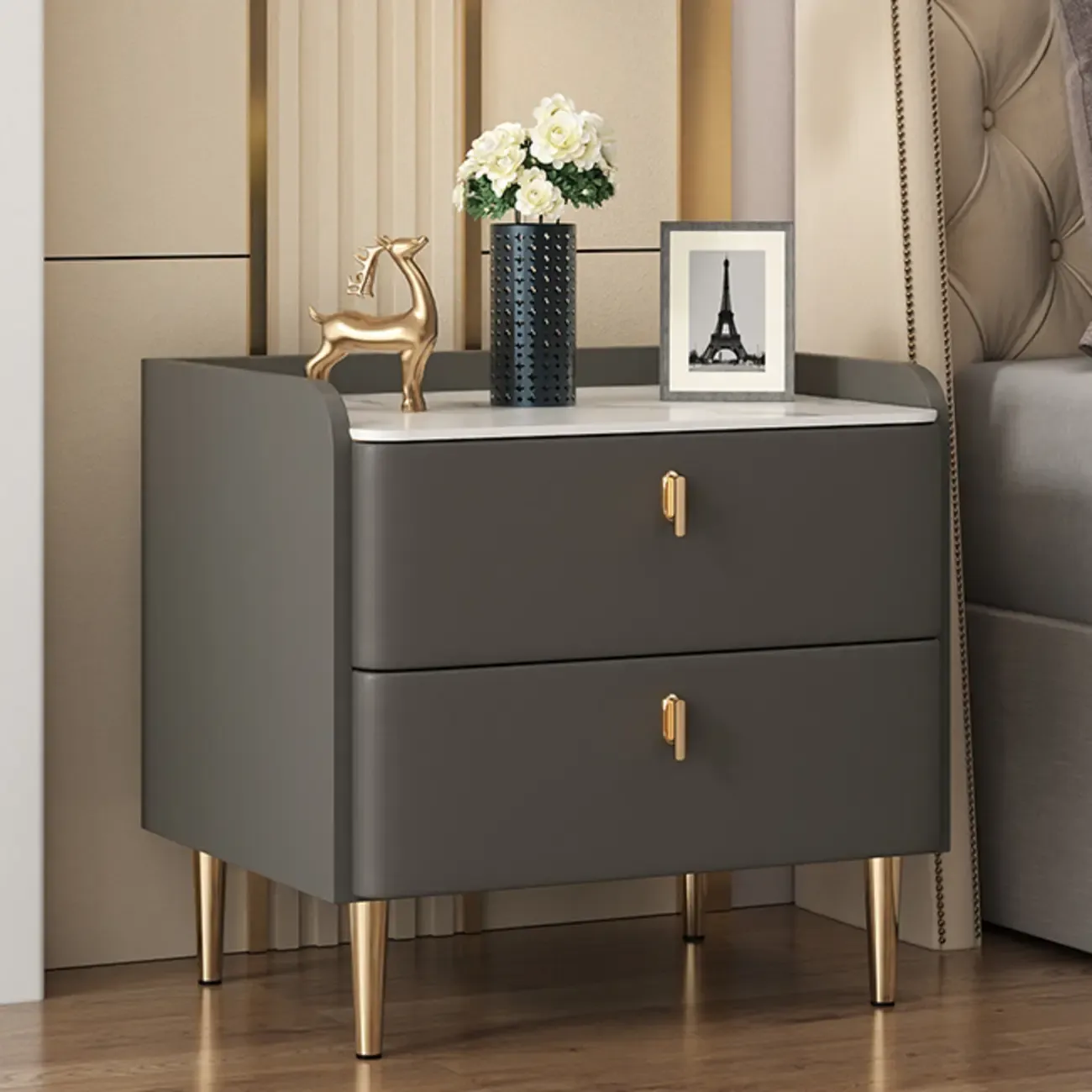 Trendy Stone Leather Gold Accents 2-Drawer Nightstand