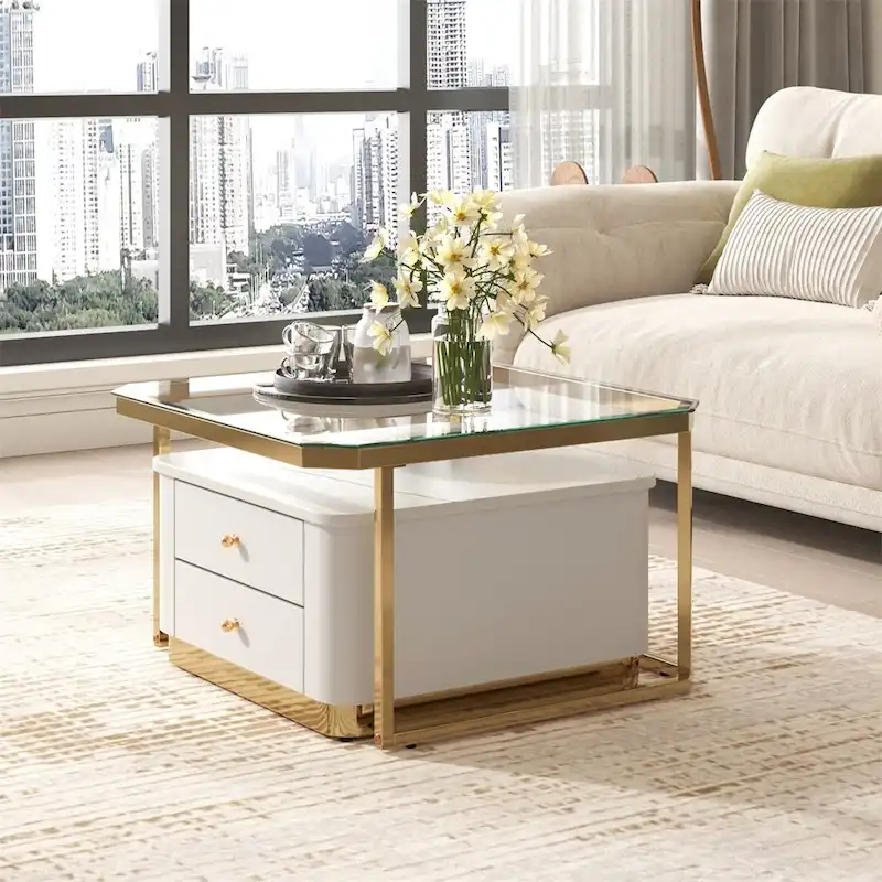 2 Pieces Nesting Coffee Table w/ Drawers & Electroplated Gold Legs
