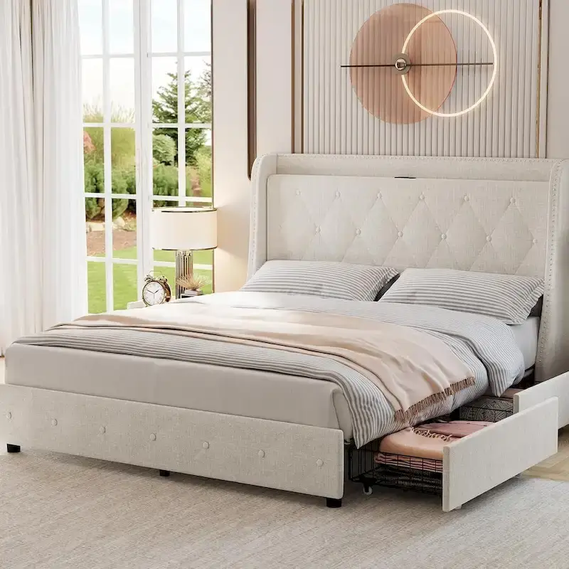Bed Frame with Headboard and 4 Storage Drawers