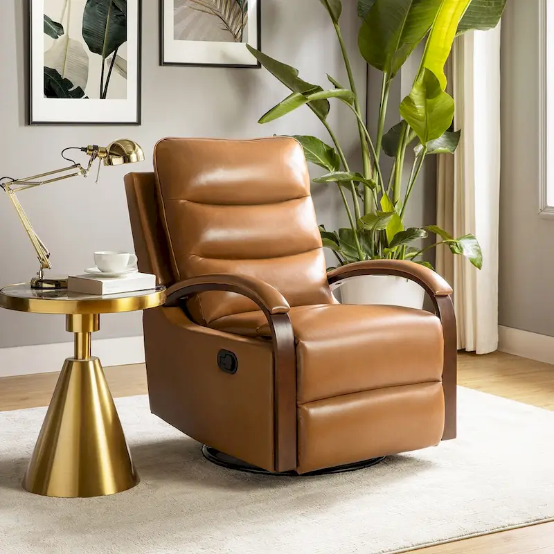 Leopold Modern Genuine Leather Swivel Rocking Manual Recliner Chair with Wooden Arm Accents by HULALA HOME