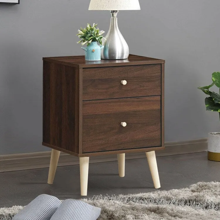 2-Drawer Nightstand Beside End Side Table with Rubber Legs-Walnut - 18 x 16 x 24.5 (L x W x H)