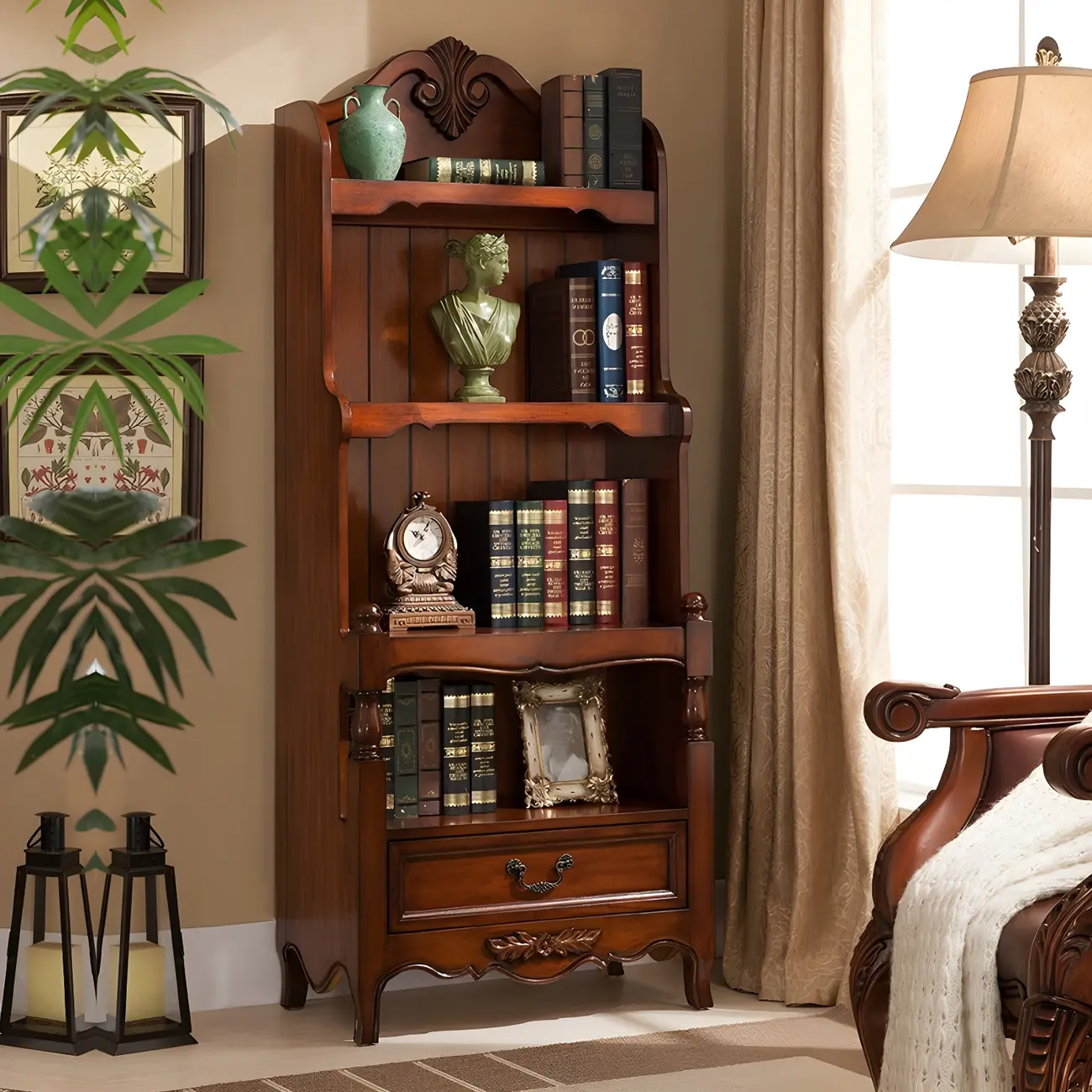 Classic Brown/White Wooden Bookcase with Drawer
