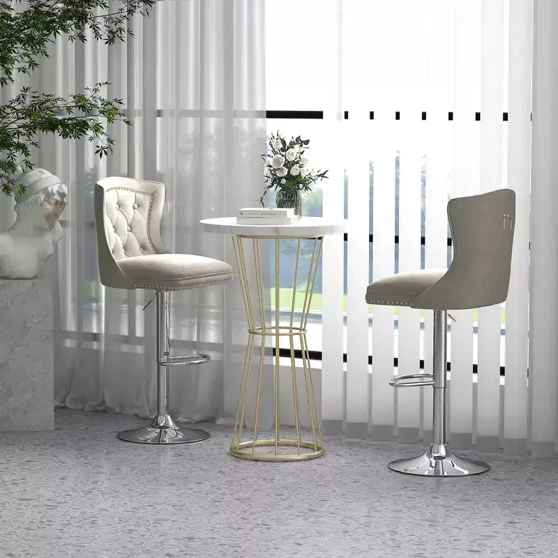 Set of 2 Bar Chairs Dutch Velvet Bar Stool with Footrest Metal Base Anti-Slip Ring Pink/Beige/Grey