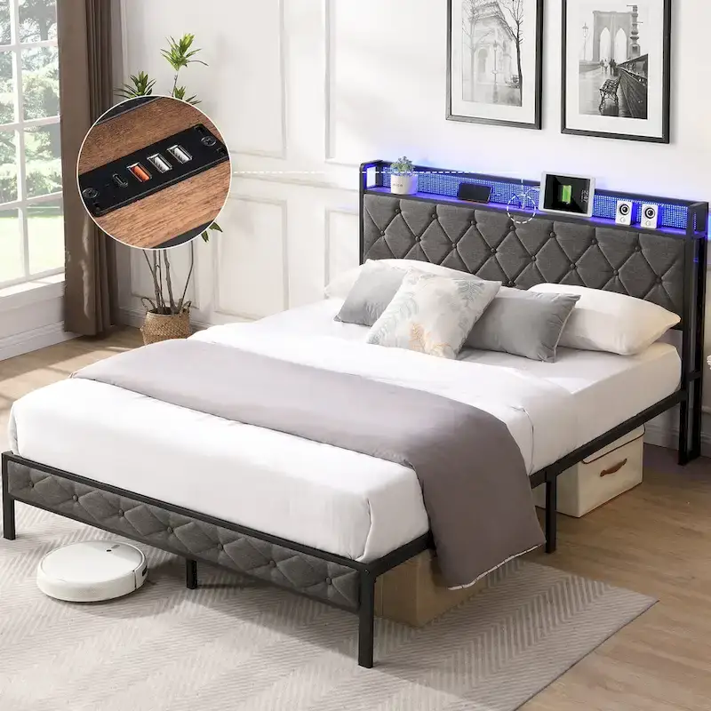Platform Bed Frame with Storage Headboard, Charging Station and LED Lights