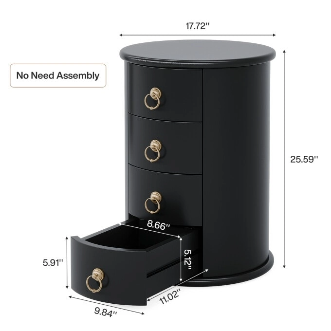 No Assembly Round Solid Wood End Table, Small Side Table with Drawers