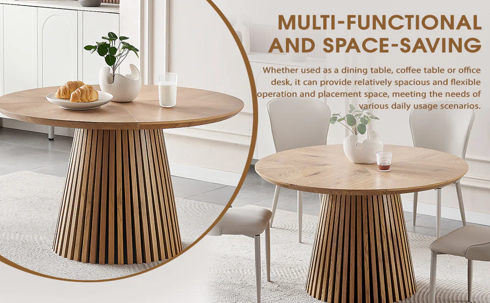 Modern Round Reeded Wooden Dining Table