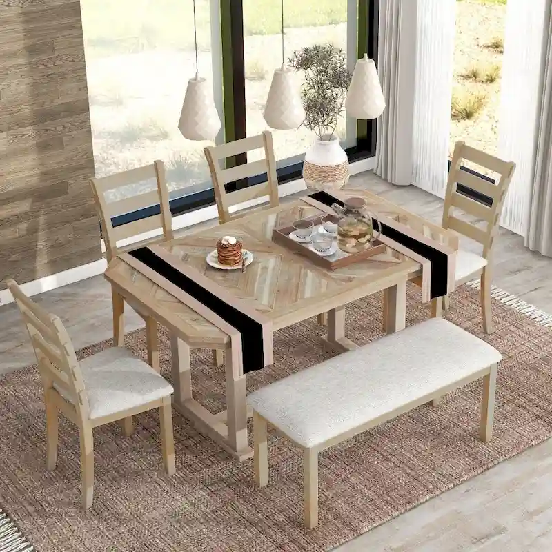 6-Piece Rubber Wood Dining Table Set with Beautiful Wood Grain Pattern Tabletop
