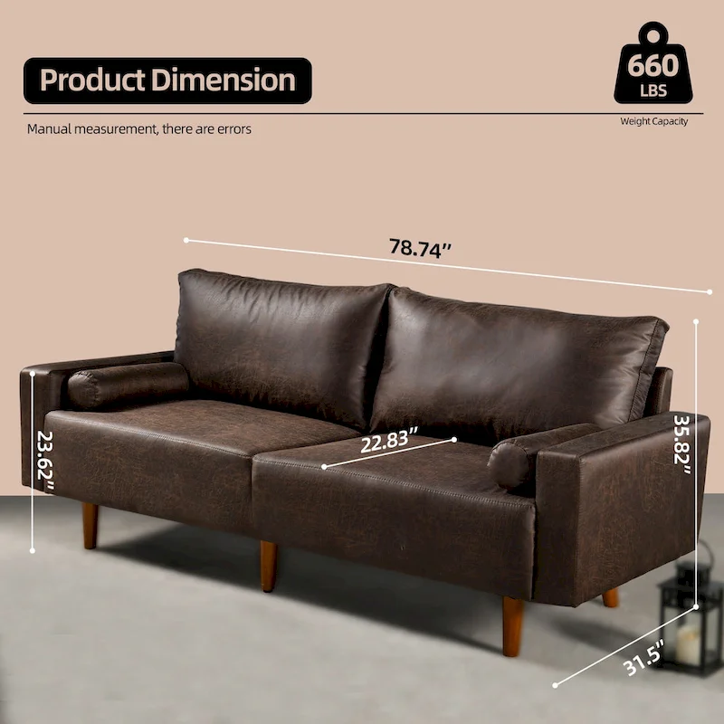 HOOOWOOO Mid-Century Modern Upholstered Sofa Couch with Rolled Pillows