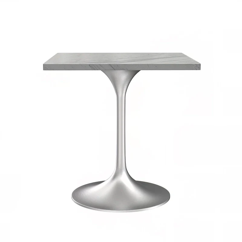 LeisureMod Verve Square Dining Table with White Marbleized Resin Top and Modern Brushed Steel Base for Kitchen