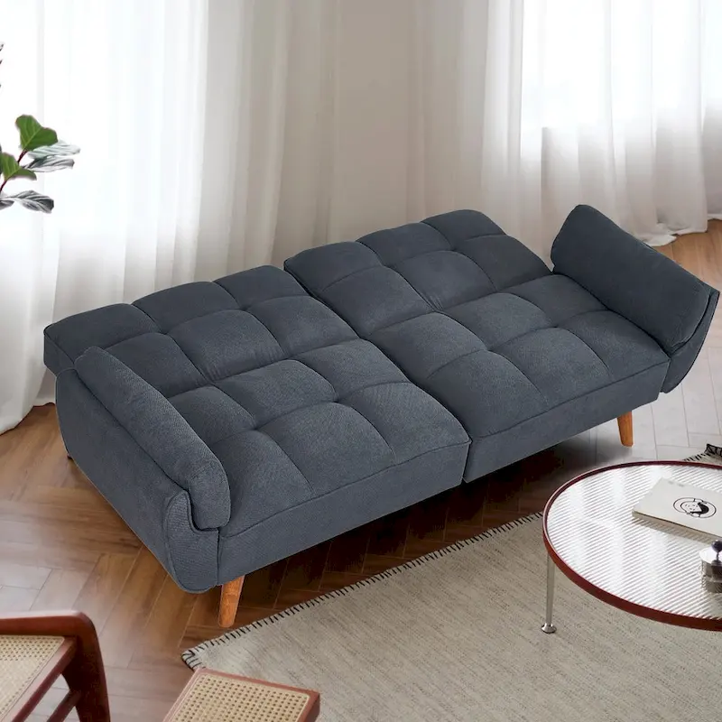 Convertible Futon Sofa Bed, Tufted Linen, Wood Legs, 3-Position Backrest, 500 lbs, Seats 2, Beige/Grey/Green/Yellow